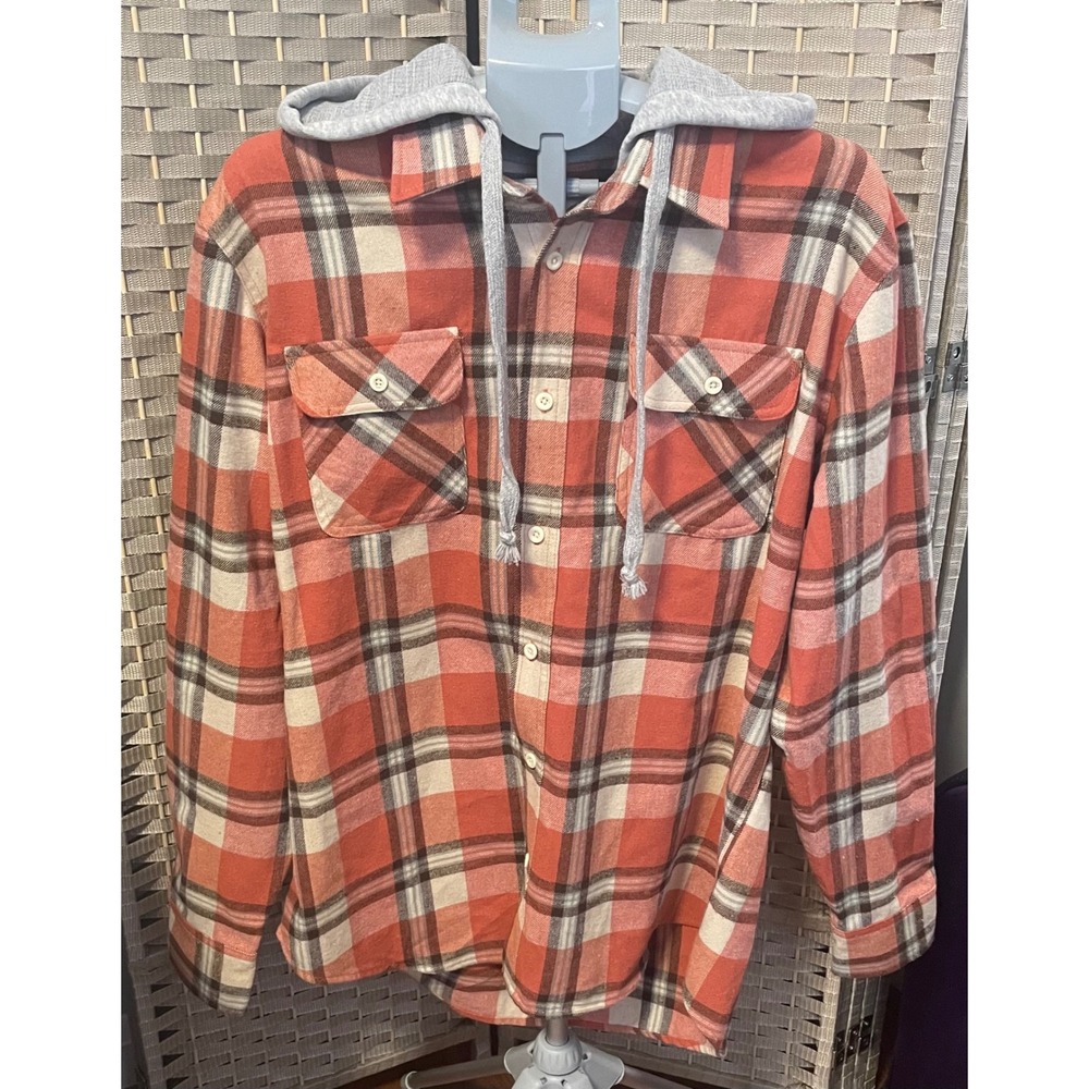 Free Planet Mens XL Hooded Flannel Shirt Orange Plaid Shacket